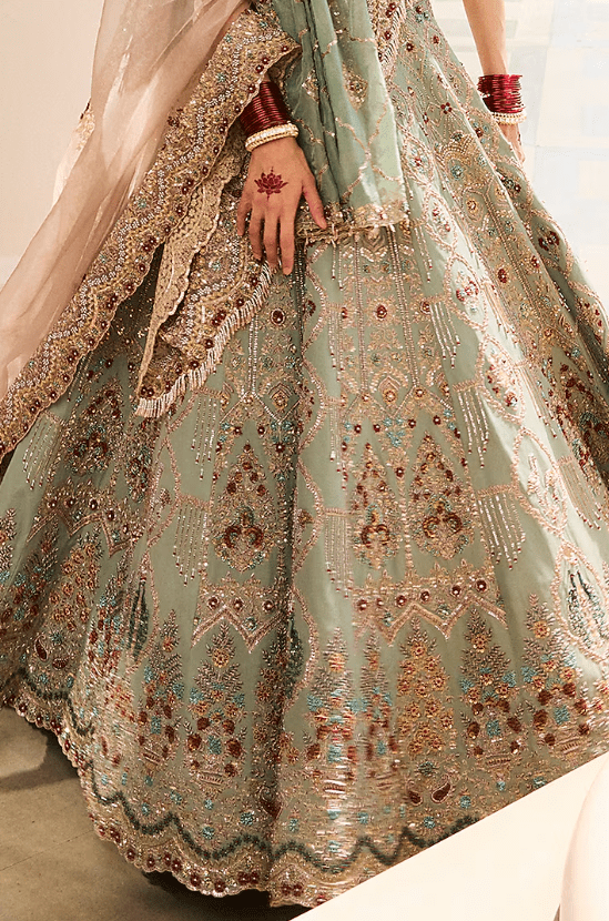 Sage Green Tissue & Georgette Chiffon Pearl Embroidered Lehenga Set - Image 3