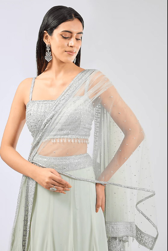 Sage Green Georgette Thread Embroidered Lehenga Set - Image 4