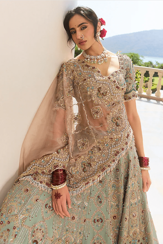 Sage Green Tissue & Georgette Chiffon Pearl Embroidered Lehenga Set - Image 4