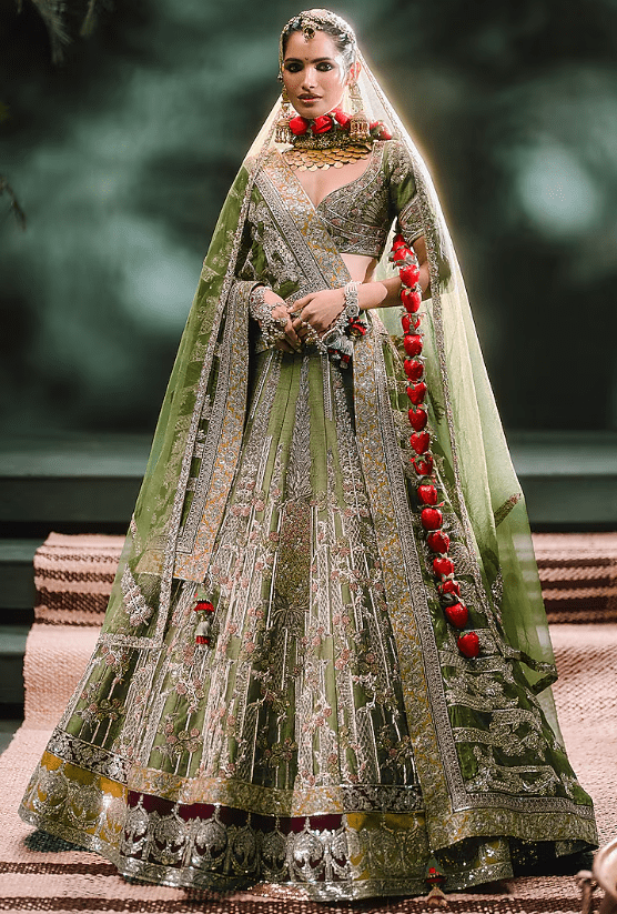 Mehendi Green Raw Silk Sequins Embellished Lehenga Set
