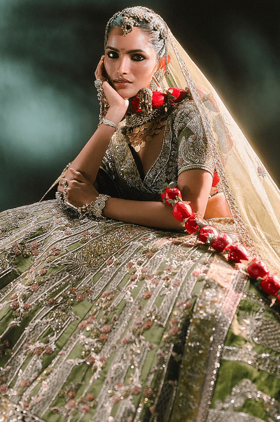 Mehendi Green Raw Silk Sequins Embellished Lehenga Set - Image 2