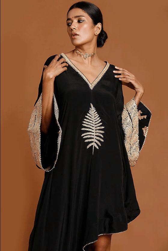 Black Embroidered Asymmetrical Kaftan - Image 4