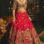 Red Raw Silk Zari Embroidered Lehenga Set