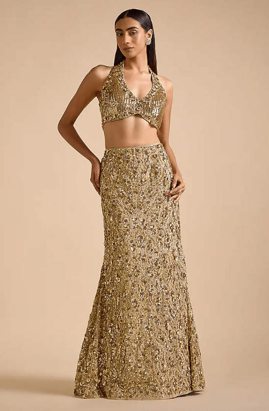 Golden Georgette Zardosi & Beads Embroidered Mermaid Lehenga Set