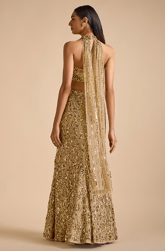 Golden Georgette Zardosi & Beads Embroidered Mermaid Lehenga Set - Image 2