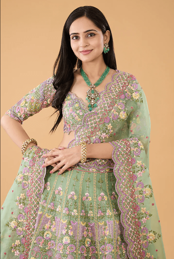 Mint Green Organza Cutdana Embroidered Lehenga Set - Image 4