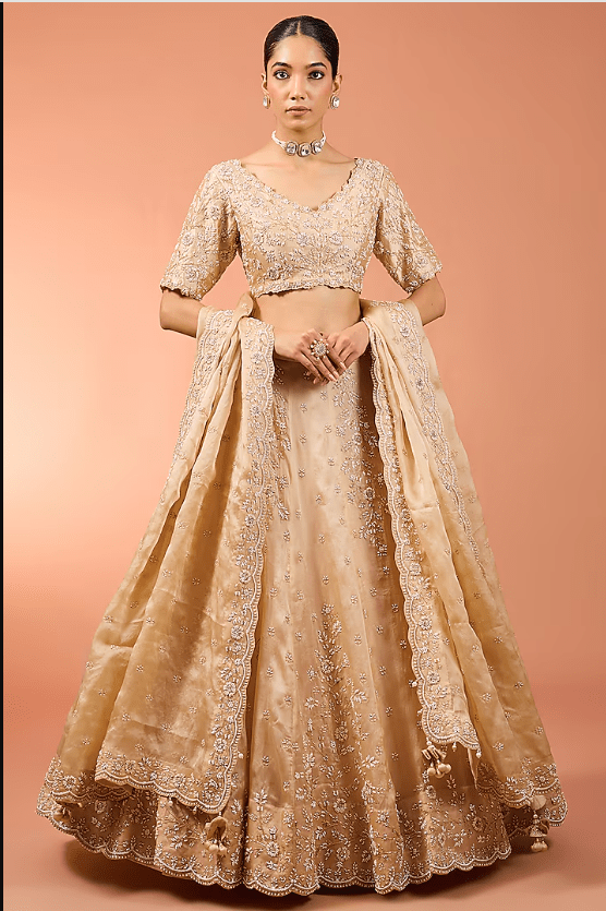 Champagne Pure Satin Organza Pearl Work Lehenga Set