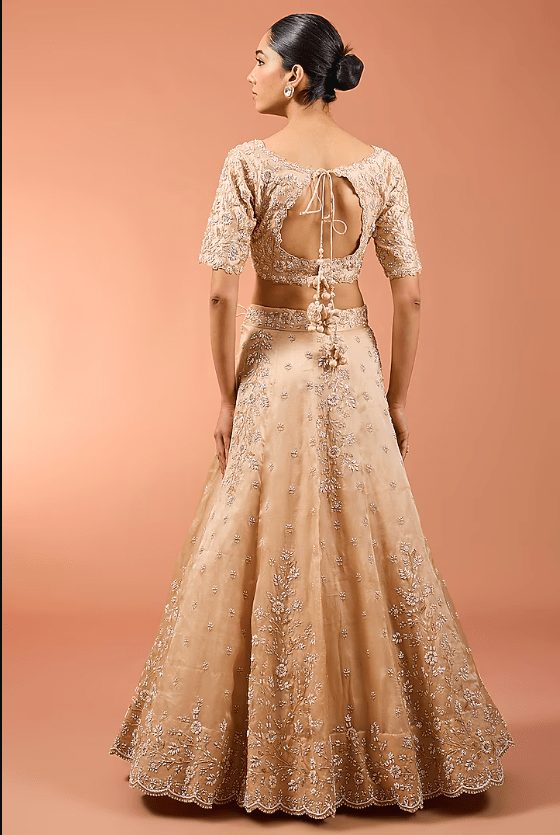 Champagne Pure Satin Organza Pearl Work Lehenga Set - Image 2