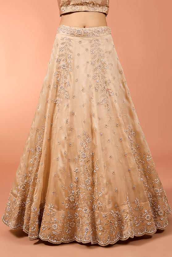Champagne Pure Satin Organza Pearl Work Lehenga Set - Image 3