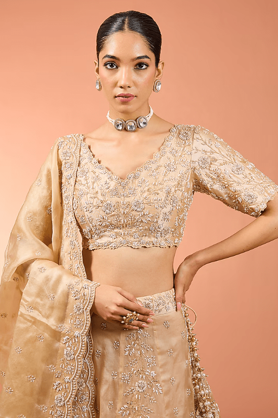 Champagne Pure Satin Organza Pearl Work Lehenga Set - Image 4