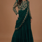 Bottle Green Georgette Cutdana Embroidered Draped Gown Saree