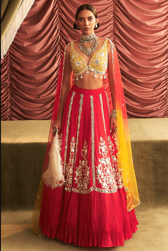 Rani Pink Georgette & Chiffon Hand Embroidered Lehenga Set