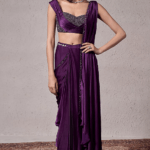 Purple Georgette Satin Hand Embellished Pre-Draped Saree Set