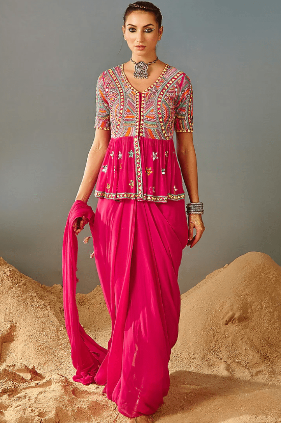 Pink Blended Georgette Saree Set