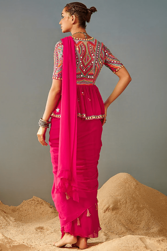 Pink Blended Georgette Saree Set - Image 2