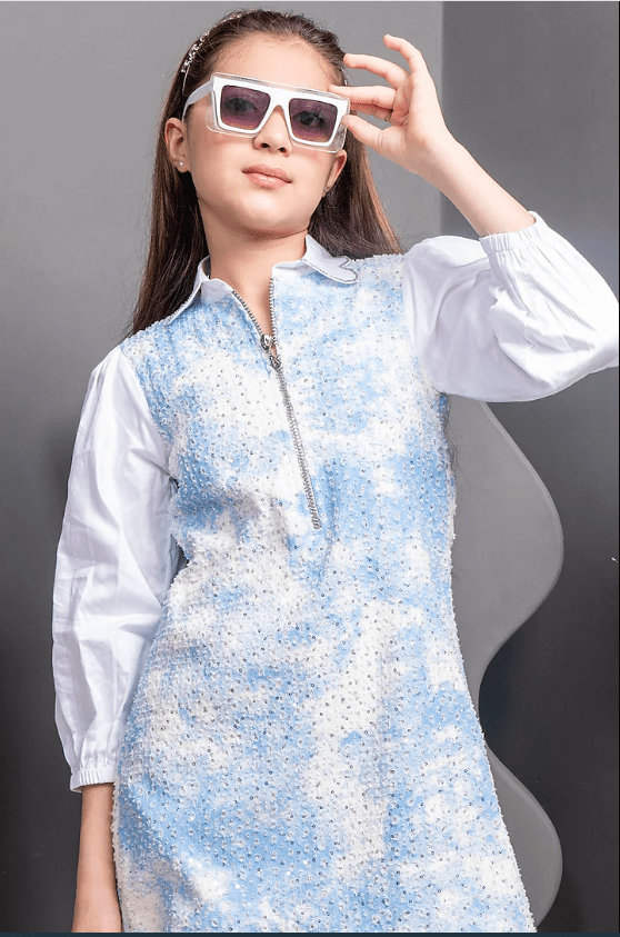 Light Blue Denim Swarovski Embroidered Dress For Girls - Image 3