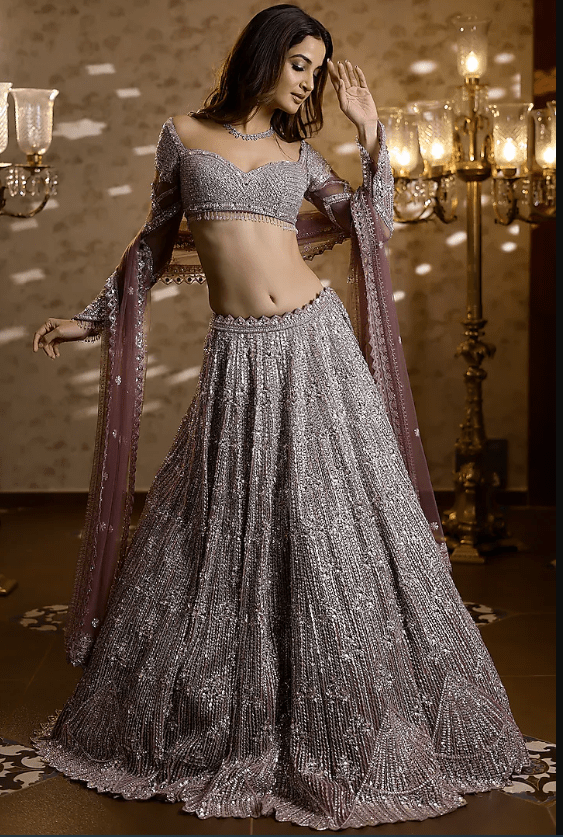 Purple Amethyst Net Sequins & Crystal Embroidered Lehenga Set