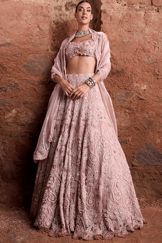 Blush Pink Organza & Tissue Floral Embroidered Lehenga Set