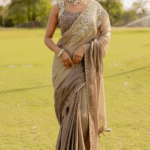 Platinum-Beige Tissue Embroidered Saree Set