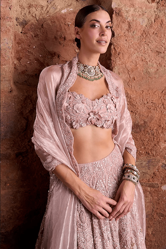 Blush Pink Organza & Tissue Floral Embroidered Lehenga Set - Image 3