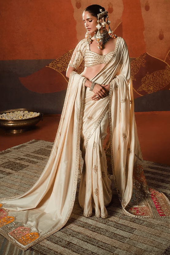 Almond Ivory Dupion Motif Embroidered Saree Set