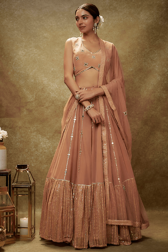 Beige Viscose Georgette Gota & Mirror Embroidered Lehenga Set