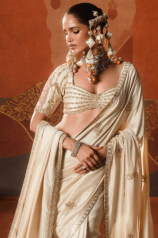 Almond Ivory Dupion Motif Embroidered Saree Set - Image 2