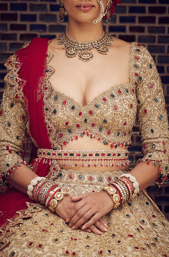 Gold Tissue Dabka & Sequins Embroidered Lehenga Set - Image 4