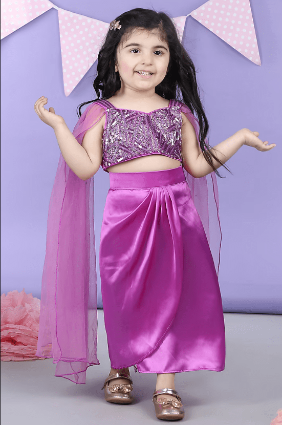 Purple Satin Embroidered Dhoti Skirt Set For Girls