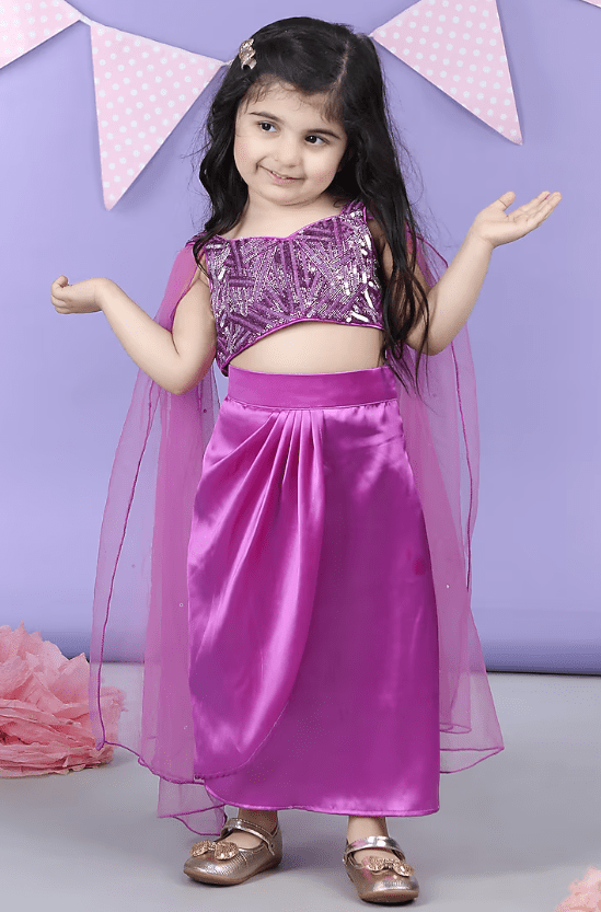 Purple Satin Embroidered Dhoti Skirt Set For Girls - Image 3
