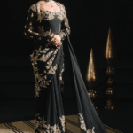 Black Moss Crepe Zardosi Work Pre-Stitched Jacket Saree Set