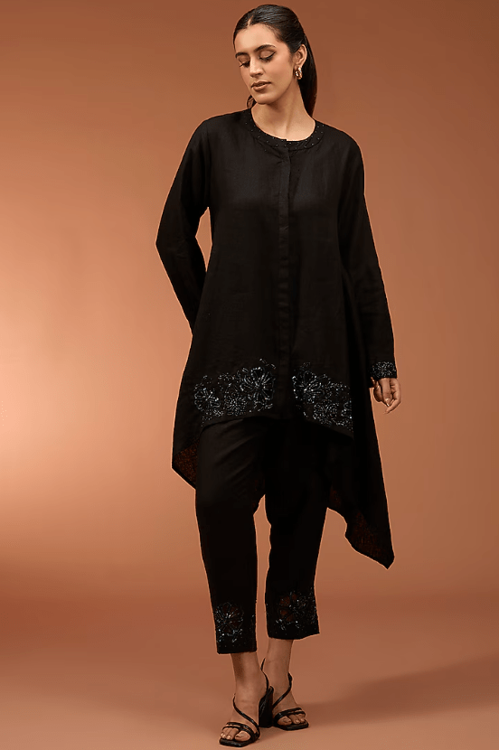 Black Linen Sequins Embroidered High-Low Tunic Set