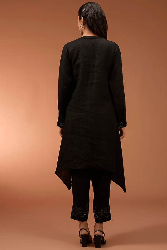 Black Linen Sequins Embroidered High-Low Tunic Set - Image 2