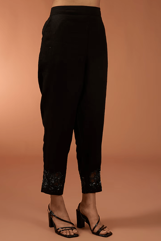 Black Linen Sequins Embroidered High-Low Tunic Set - Image 3