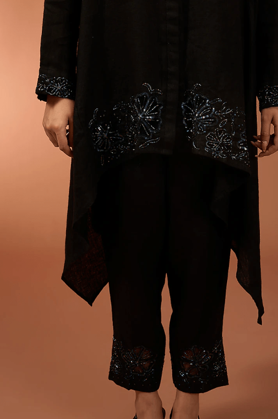 Black Linen Sequins Embroidered High-Low Tunic Set - Image 4