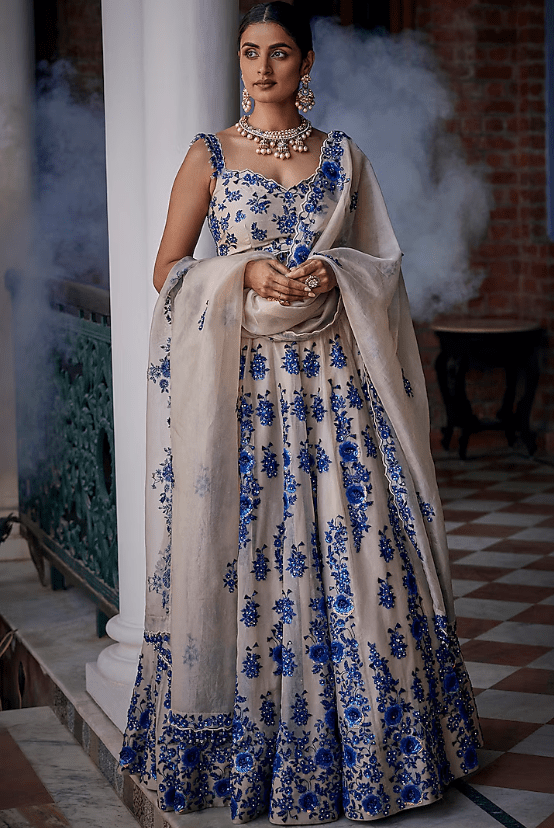 Silver & Blue Satin Organza Sequins Work Lehenga Set