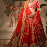 Red Heavy Raw Silk Floral Motif Work Lehenga Set