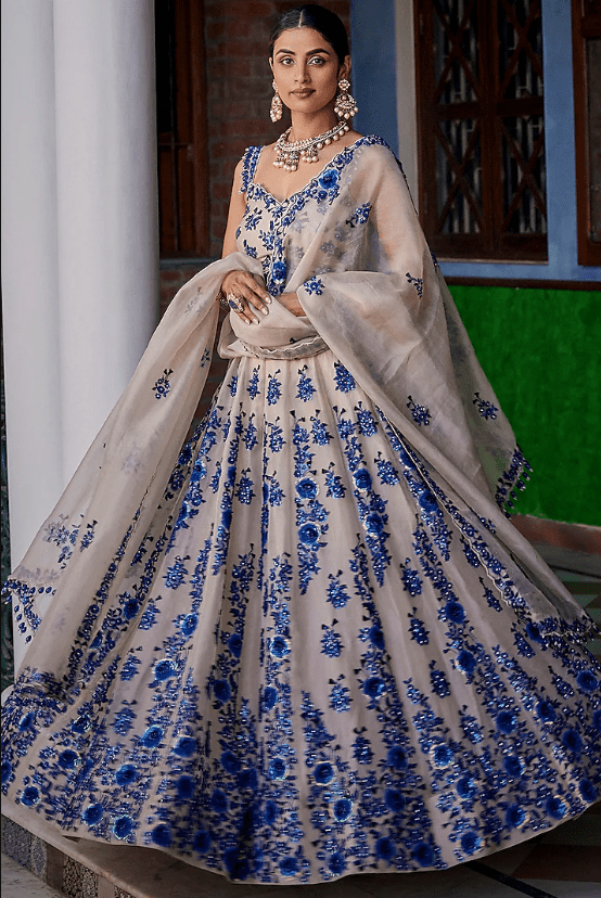 Silver & Blue Satin Organza Sequins Work Lehenga Set - Image 2