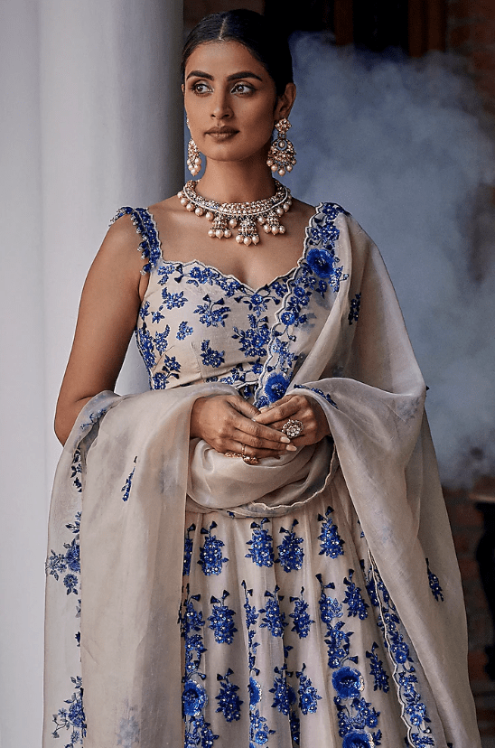 Silver & Blue Satin Organza Sequins Work Lehenga Set - Image 3