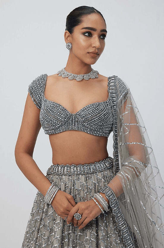 Grey Net Sequins Embroidered Lehenga Set - Image 3