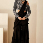 Black Georgette Crepe Pre-Draped Pant Saree Set
