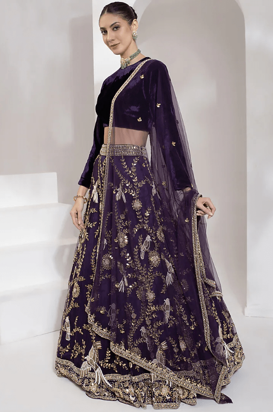 Purple Net Zari & Mirror Hand Embroidered Lehenga Set