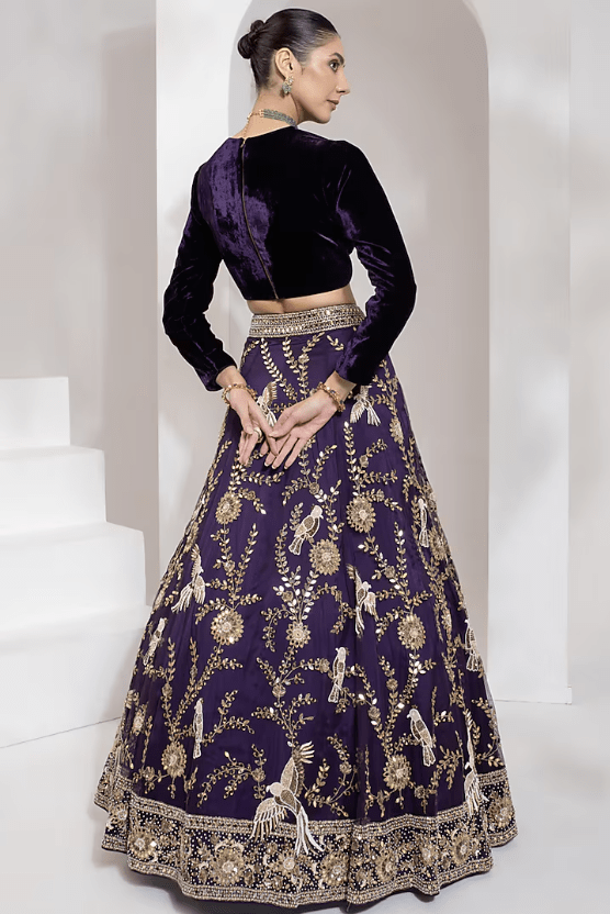 Purple Net Zari & Mirror Hand Embroidered Lehenga Set - Image 2