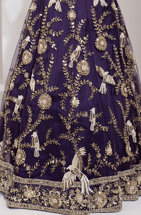 Purple Net Zari & Mirror Hand Embroidered Lehenga Set - Image 3