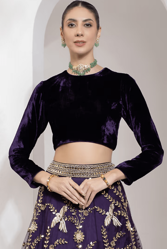 Purple Net Zari & Mirror Hand Embroidered Lehenga Set - Image 4