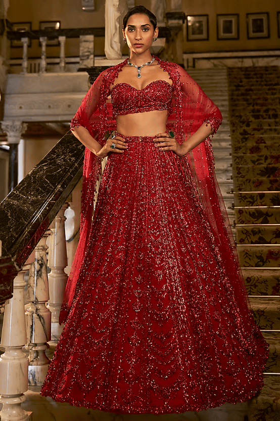 Red Net Crystal Embroidered Lehenga Set