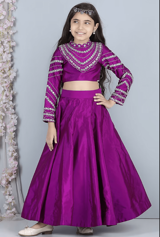 Purple Silk Lehenga Set For Girls