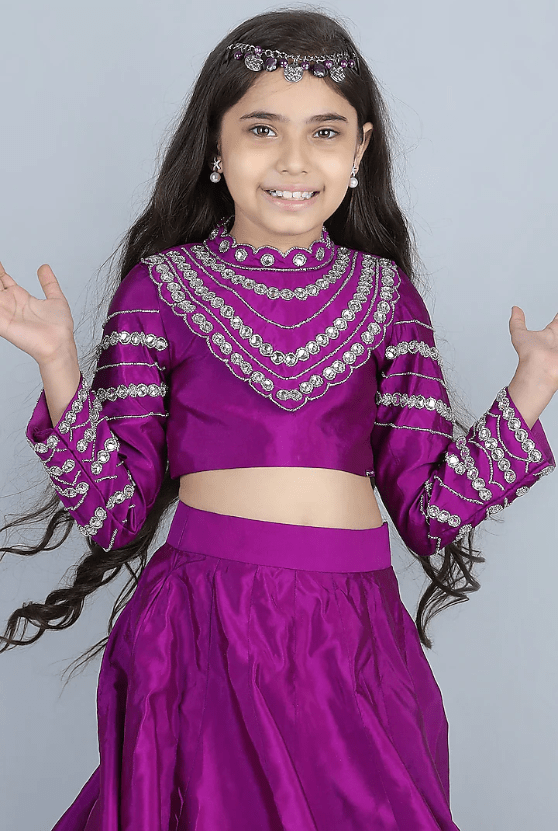 Purple Silk Lehenga Set For Girls - Image 3