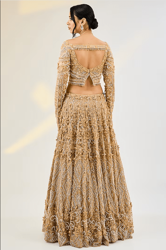 Golden Net & Organza Hand Embroidered Lehenga Set - Image 2