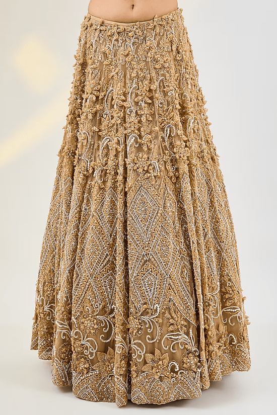 Golden Net & Organza Hand Embroidered Lehenga Set - Image 3